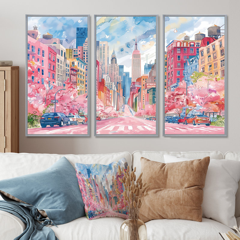 Ensemble de salon rose et bleu, édifices de New York en été - art mural New York, Toile argentée avec cadre flottant