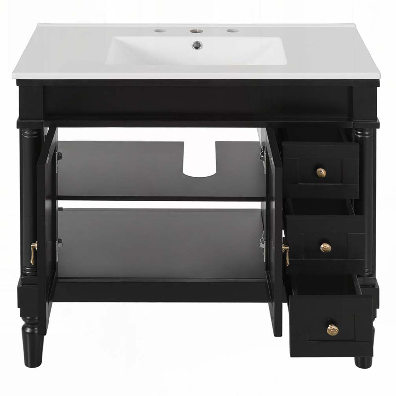 36" Bathroom Vanity with Ceramic Sink,Adjustable Shelves, Black