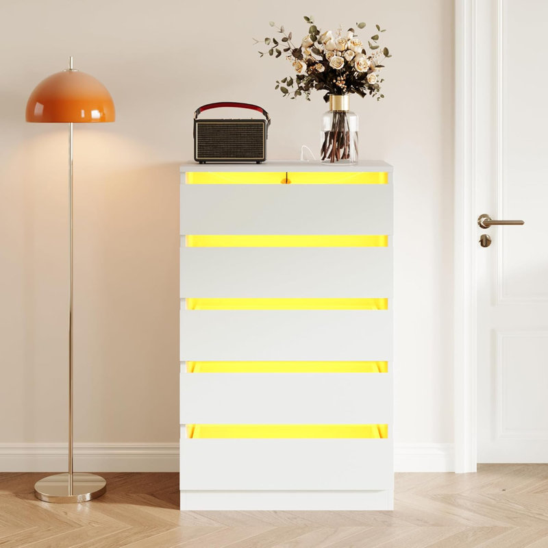 5 Drawer Dresser with Charging Station & LED Light, White