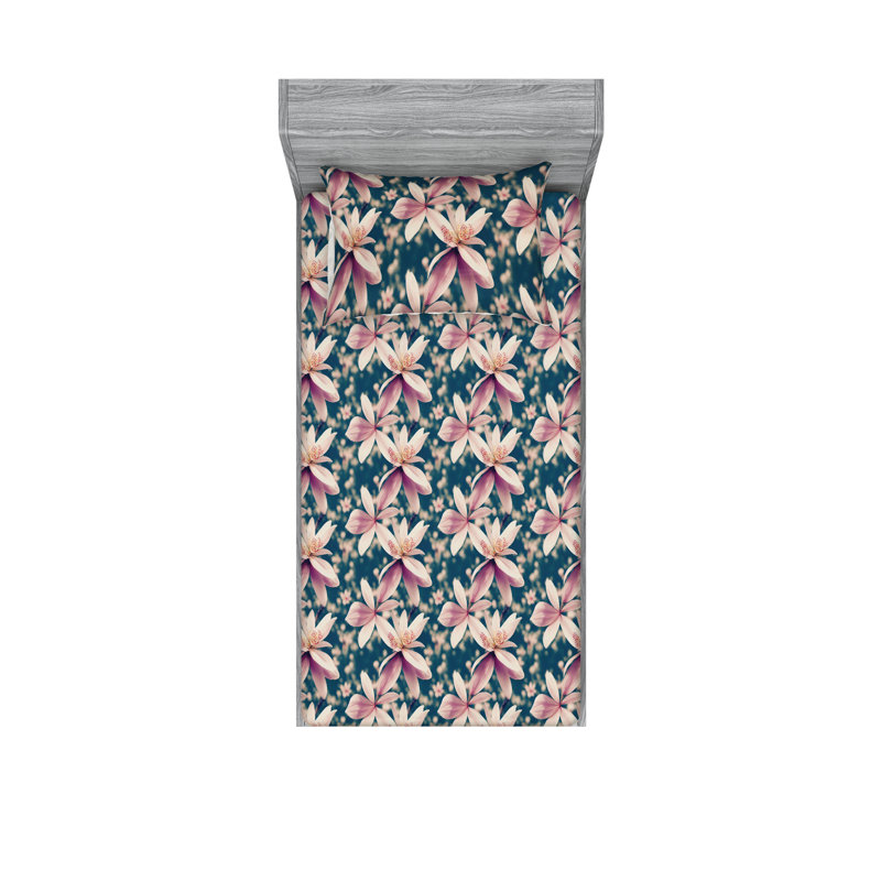 Ambesonne Fitted Sheet & Shams, Twin Sheet Set with 1 Pillowcase, Blue/Pale Purple Flower