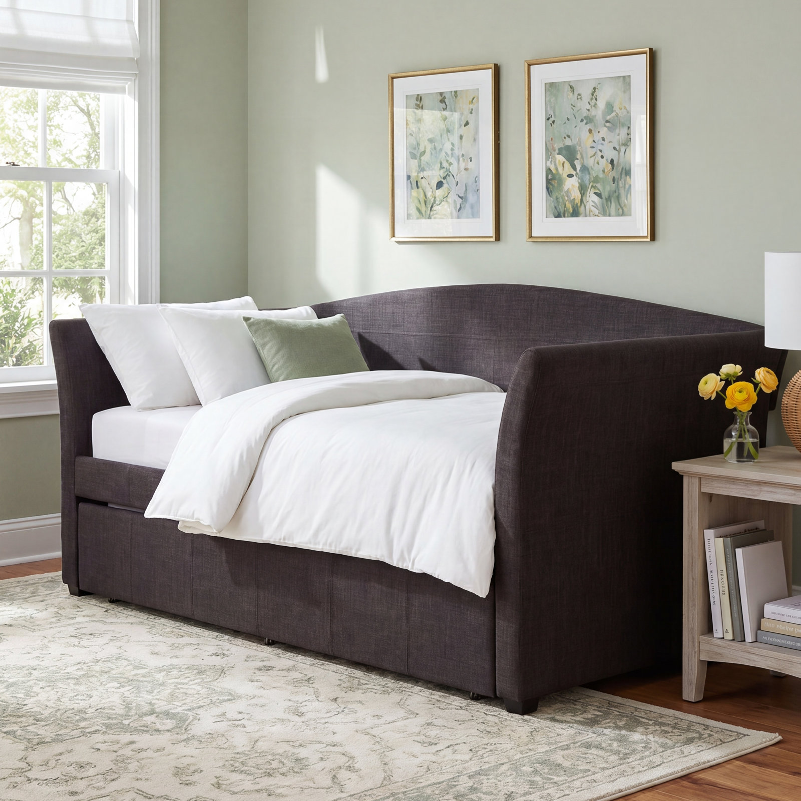 Kamio Upholstered Daybed with Trundle - Twin, Dark Gray