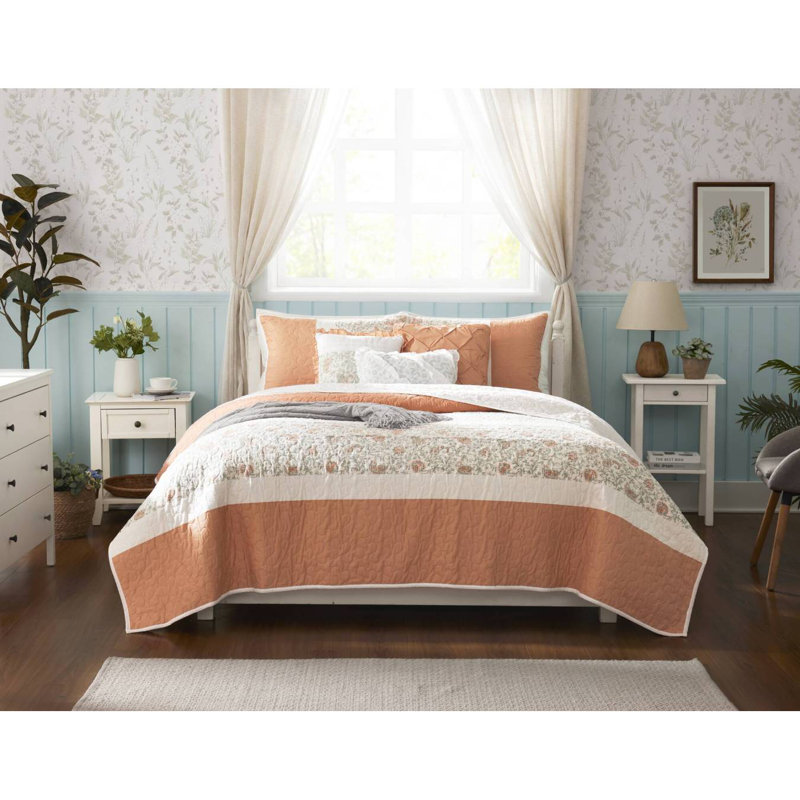 Ensemble de courtepointe en percale de coton 6 pièces avec coussins Coral, Couvre-lit pour grand lit + 5 pièces supplémenta