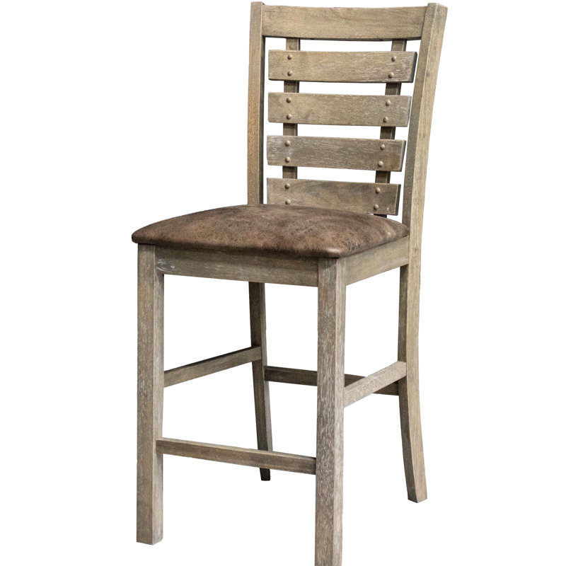 Ensemble de 2 chaises de comptoir de salle à manger, délice rustique, dossier en échelle en bois massif, ton brun, coussin rembourré grisâtre, finition laquée, procédure d'assemblage simple, 2 sièges modernes, bois en échelle, et