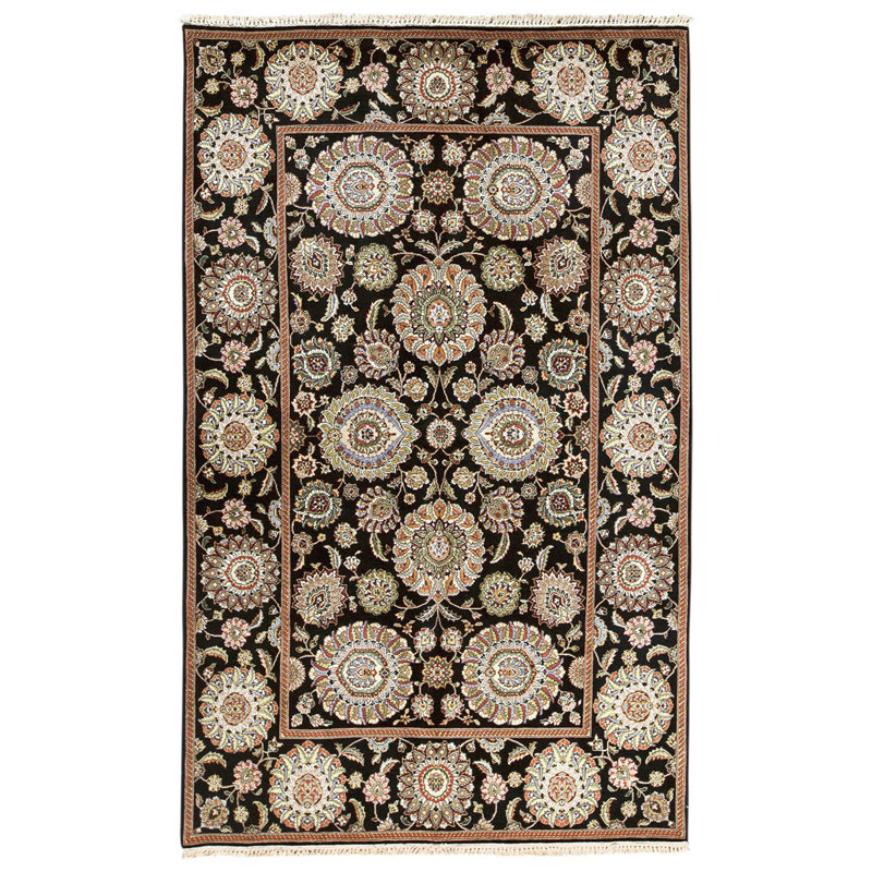 Tapis noir / beige en laine noué à la main de conception unique 5 pi 9 po x 8 pi 9 po