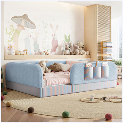 Lit pleine grandeur Montessori en molleton avec rails de sécurité, bleu