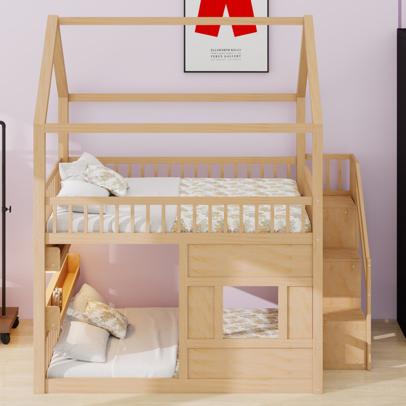 House Bed with Built-in Shelf, Playful Design for Kids' Rooms, natural