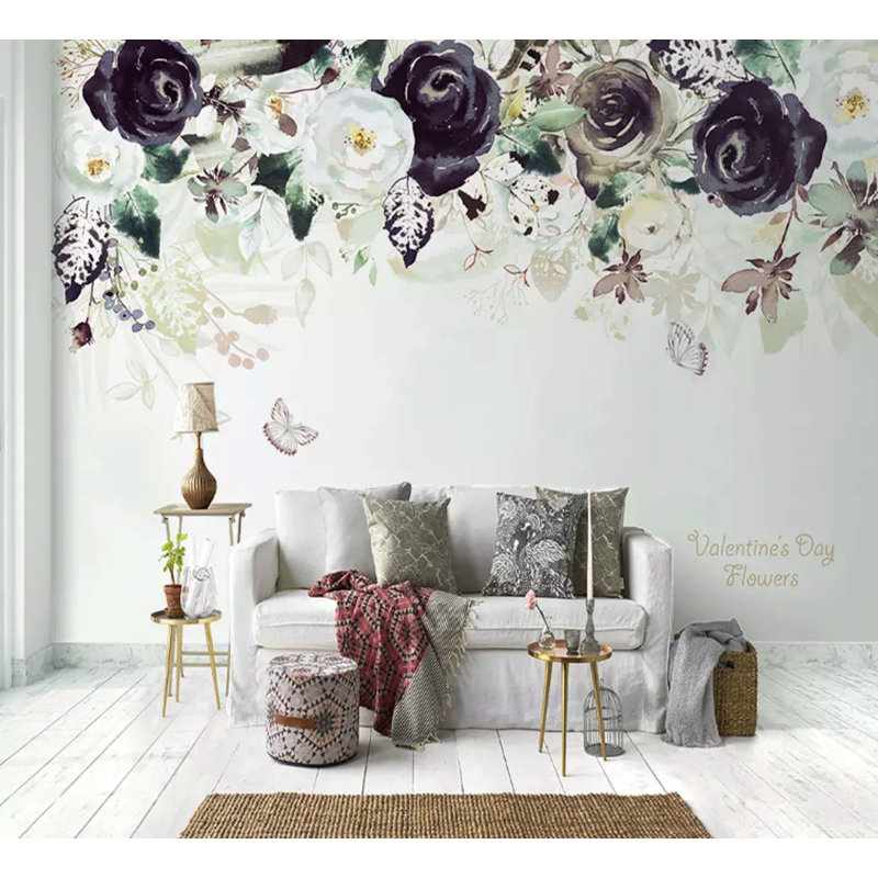 Papier peint amovible classique avec fleurs roses foncées, L 114 po x l 204 po