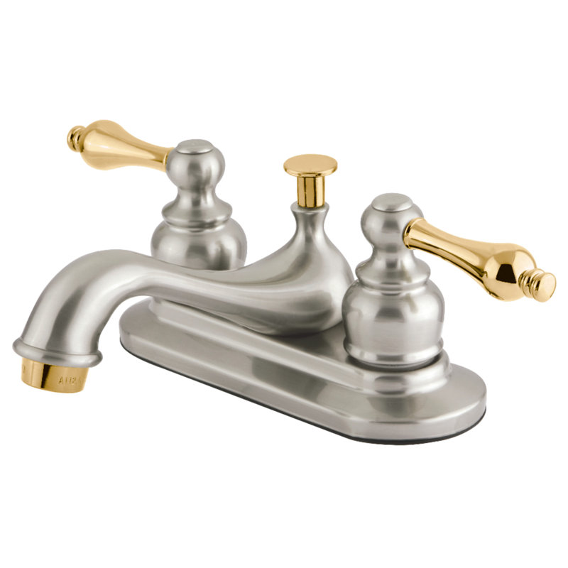 Kingston Brass Restoration Two-Handle 3-Hole Deck Mount 4" Centerset Bathroom Faucet with Plastic Pop-Up