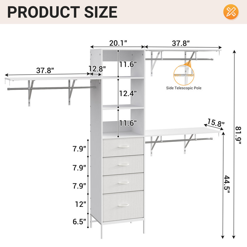 96-inch Adjustable Wardrobe System, White