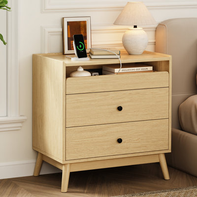 Table de chevet Adkins 24" L à 3 tiroirs avec station de recharge, tablette de rangement ouverte et pieds en bois massif