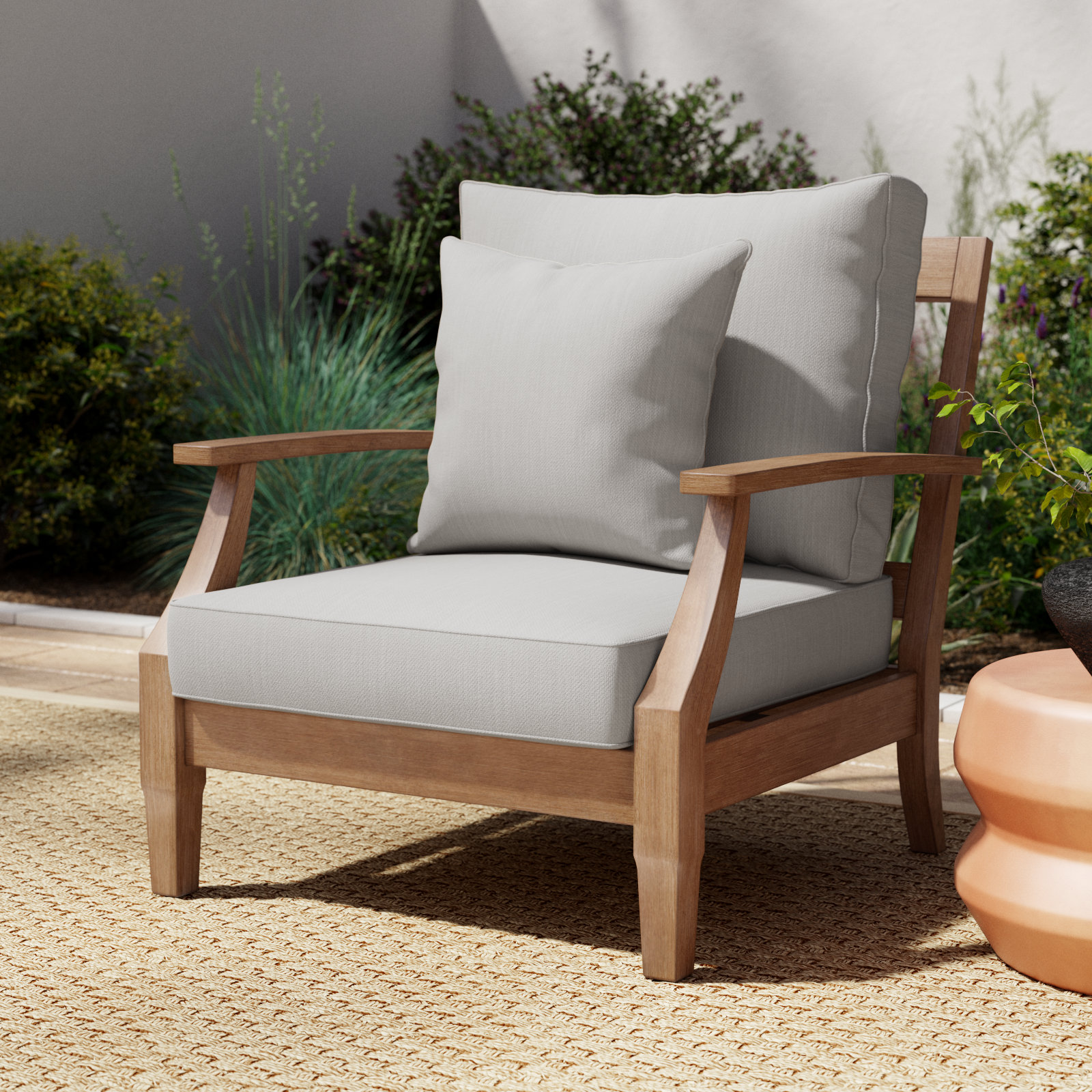 Samya Eucalyptus Patio Lounge Chair, Grey Performance Linen, Natural