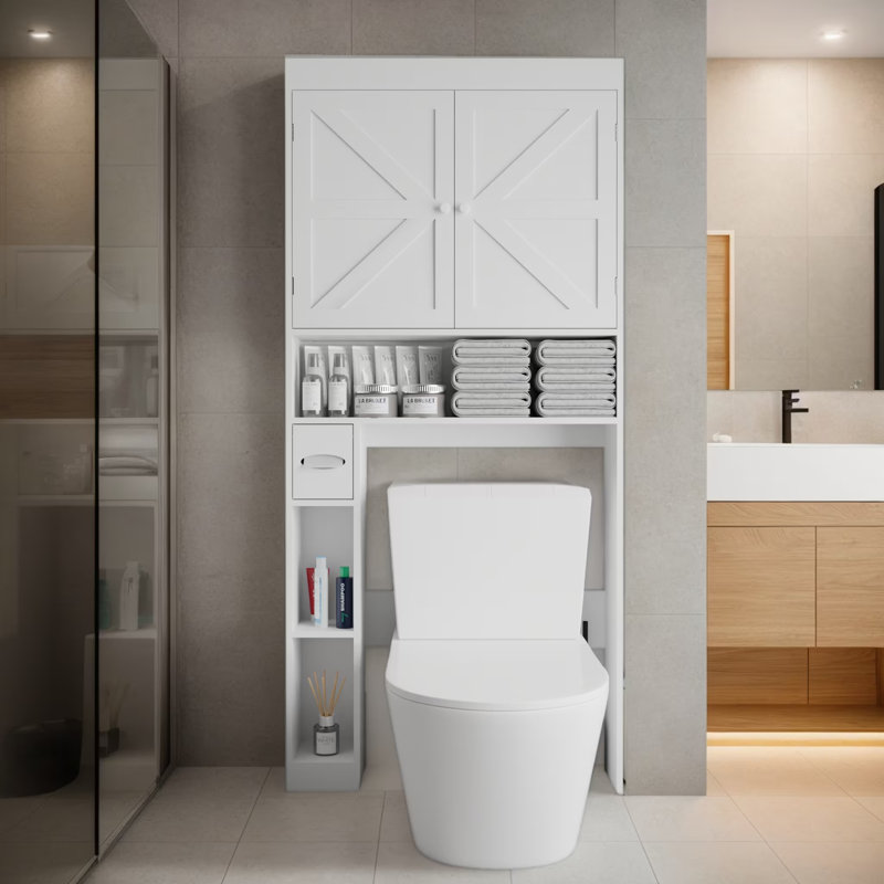 Over the Toilet Storage Cabinet with 2 Barn Door & Toilet Paper Holder Stand, Shelf Adjustable, White