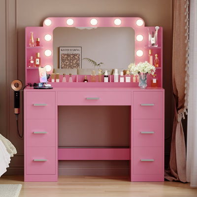 Modern Makeup Vanity With 7 Spacious Drawers, 3-zone Desktop Storage, Hair Dryer Rack, 4 Shelves, Led Mirror And Power Outlet