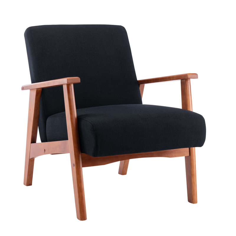 Fauteuil d'appoint recouvert de tissu avec pieds en bois de hêtre Gilene, Mélange de polyester noir