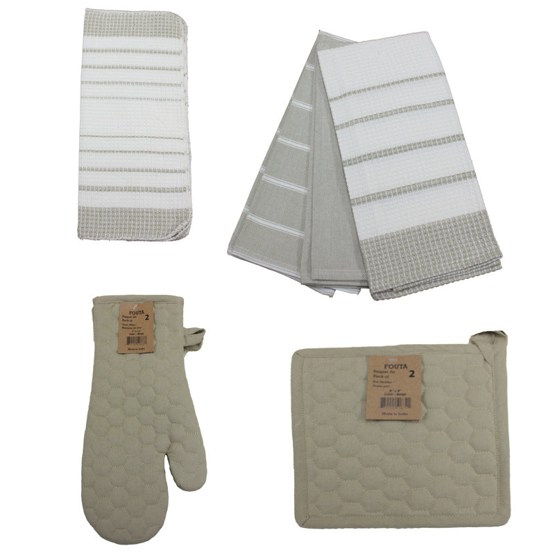 Kitchens Cotton Stripe Waffle Kitchen Towel Linen Set, Beige