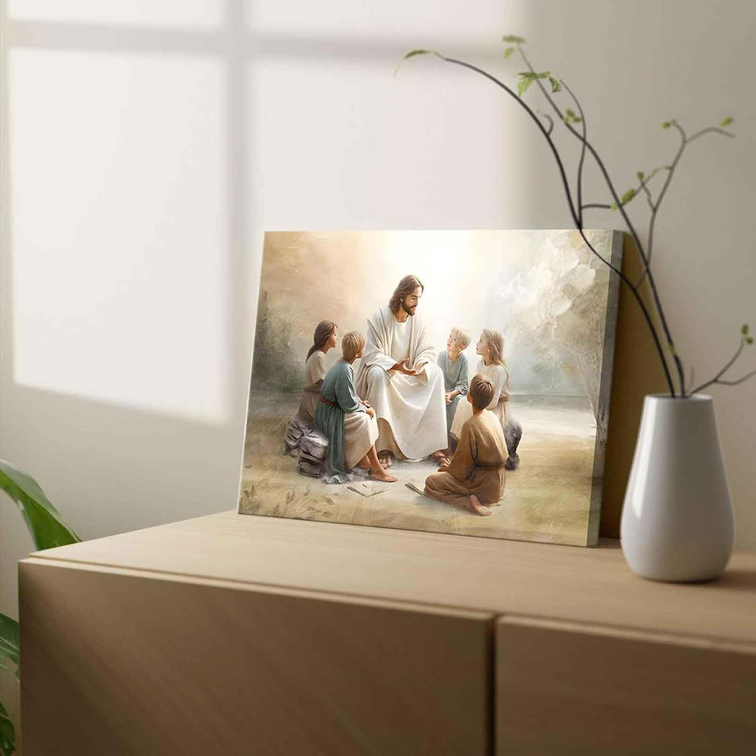 Jesus With Children Canvas Wall Art Jesus Teaching Children Watercolor Prints Religious Faith Wall Decor Pictures For Kids Room Bedroom Church Decorat