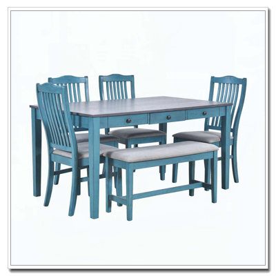 Ensemble de table de salle à manger Mid-Century en bois avec tiroir, banc et chaises