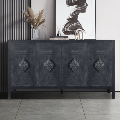 Carved Flower Door Handle, Four Door Cabinet For Living Room Kitchen Hallway (Black)