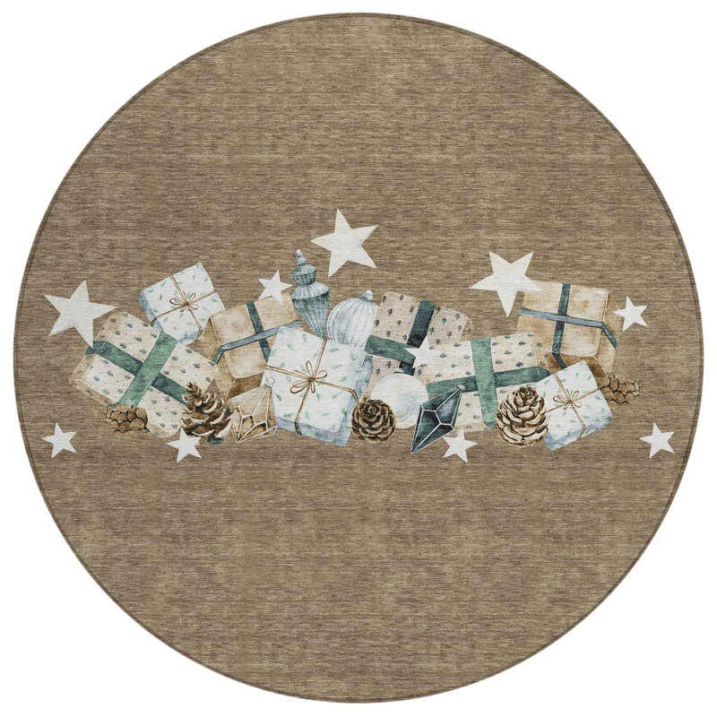 Machine Washable Indoor/Outdoor Christmas Presents Xhevrie Brown Rug, Round 8'