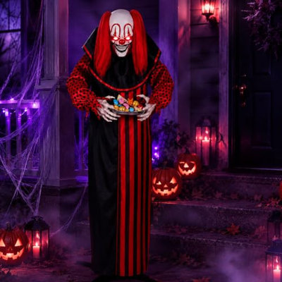 65" Halloween Animatronic Outdoor Decorations, Life Size Talking Clown with Candy Tray, Moving Head, Light Up Eyes, Touch & Sound Activated Scary Prop for Yard, Porch (Battery NOT Included)