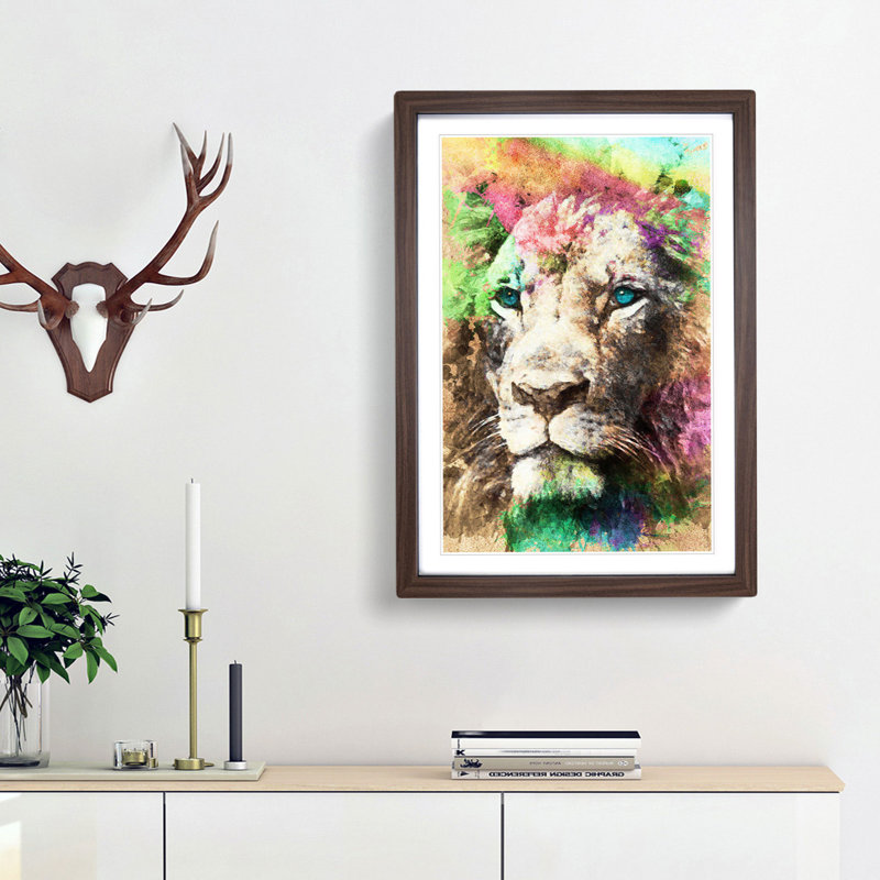 Blue Eyed Lion in Abstract - Picture Frame Painting Print, Walnut Framed, 36cm H x 27cm W x 2cm D