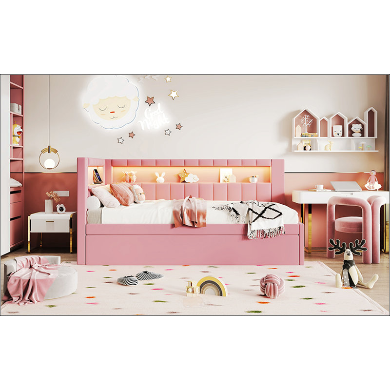 Lit plateforme tapissier simple, Rose