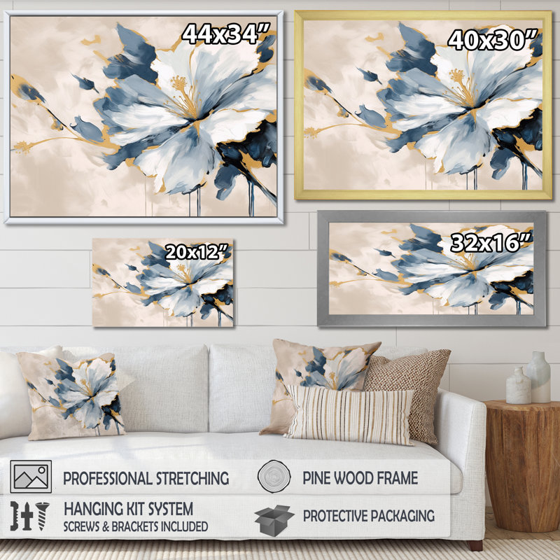 Hibiscus bleu et blanc, harmonie tropicale, fleurs II - art mural floral, H 24 po x l 32 po x P 1 po, Cadre photo noir