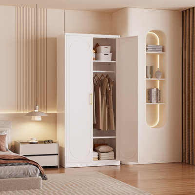Metal Armoire Wardrobe Closet with 2 Doors, Tall Wardrobe Cabinet with Hanging Rod and Adjustable Shelves, White Clothing Storage Cabinets for Bedroom by Ebern Designs