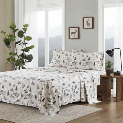 Drap-housse gris en cerf, 4 pièces, 100% flanelle de coton, brossé deux fois pour une sensation de velours doux, drap-housse élastique, avec taies d'oreiller plates et draps