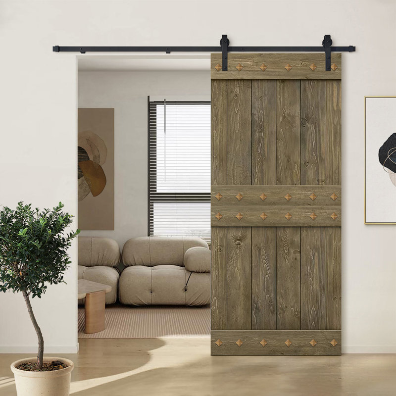 Porte de grange en bois à panneaux avec trousse de quincaillerie d'installation, Tonneau vieilli, 42 po x 84 po