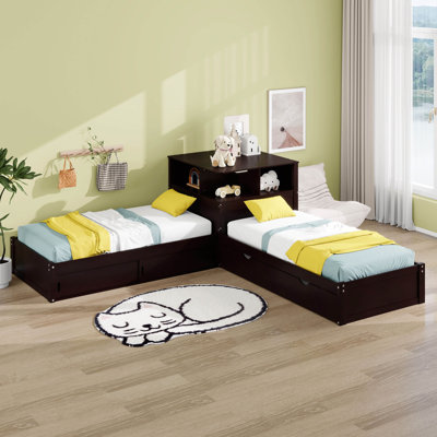 Twin Size L-Shaped Bed With Trundle, LED Light & Storage Cabinets, Corner Bed With Frame Desk And Shelves For 3 Kids