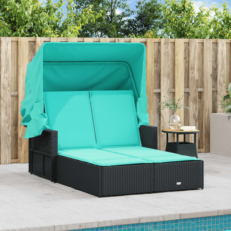 Double méridienne Vidaxl avec auvent et coussins en rotin de polyester, Blanc crème, Noir