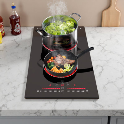 Surface de cuisson électrique à 2 brûleurs Karinear, surface de cuisson électrique de 3200 W, surface de cuisson en céramique à contrôle coulissant de 12 po avec minuterie de 99 minutes, verrou de sécurité, câblé de 220 à 240 V