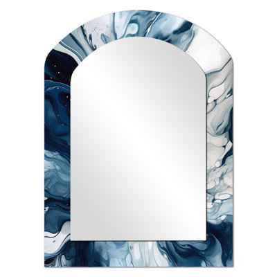 Blue Grey Ethereal Elixir I - Abstract Asymmetrical Decorative Mirror, Modern Arch Large Wall Mirror, Printed Metal Art