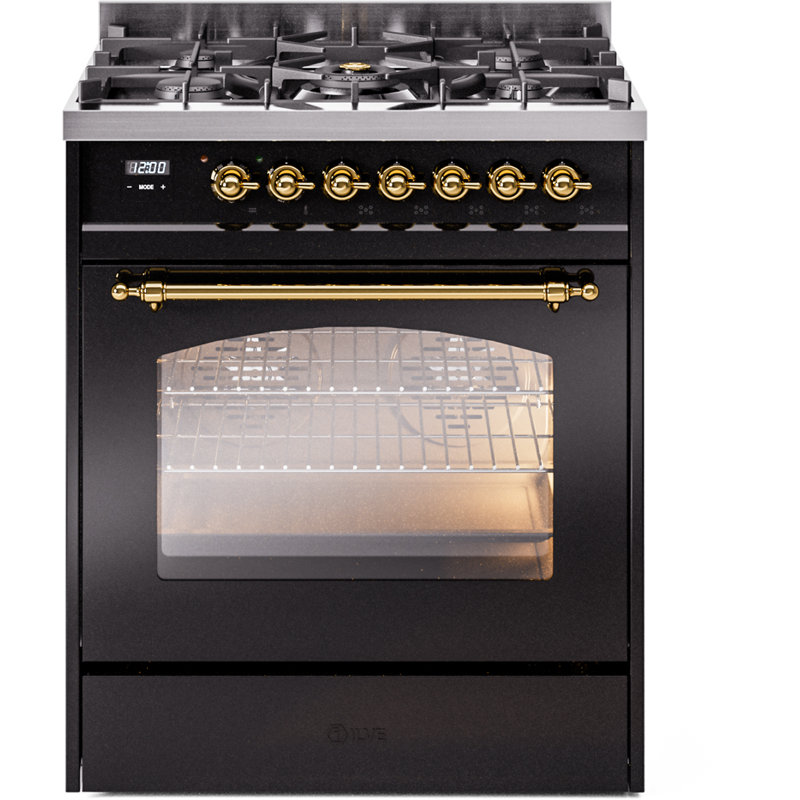 ILVE Nostalgie II Series 30 inch Dual Fuel Range with 5 Sealed Burners (Glass Door), Liquid Propane, Glossy Black/Brass