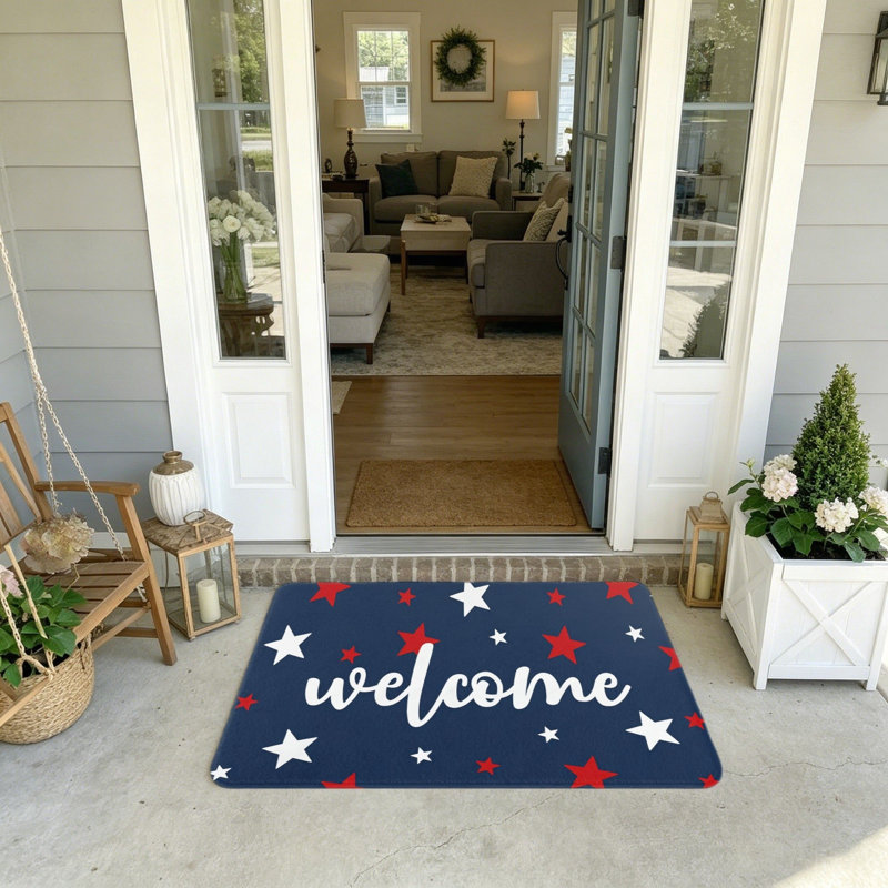Tapis d'entrée bleu marine et blanc étoile de bienvenue 20 po x 32 po