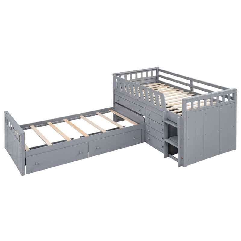 Lit mezzanine simple et lit plateforme avec tiroirs latéraux - Agencement de chambre efficace dans une solution moderne grise