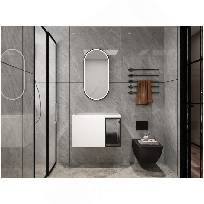 Meuble-lavabo mural 30 po, 2 portes à fermeture douce, meuble-lavabo blanc brillant et 1/2 porte en verre gris, contreplaqué - évier exclu