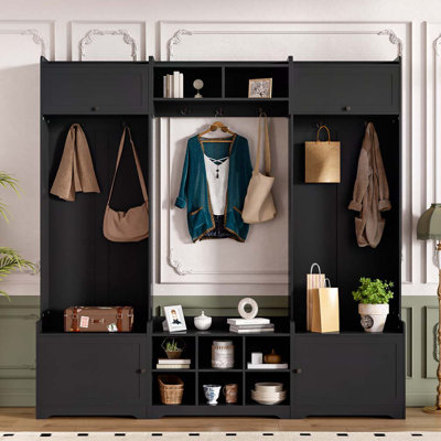 Arbre d'entrée de 79,1 po de largeur avec rangement pour chaussures, 8 casiers, 7 crochets à manteau et tablette réglable