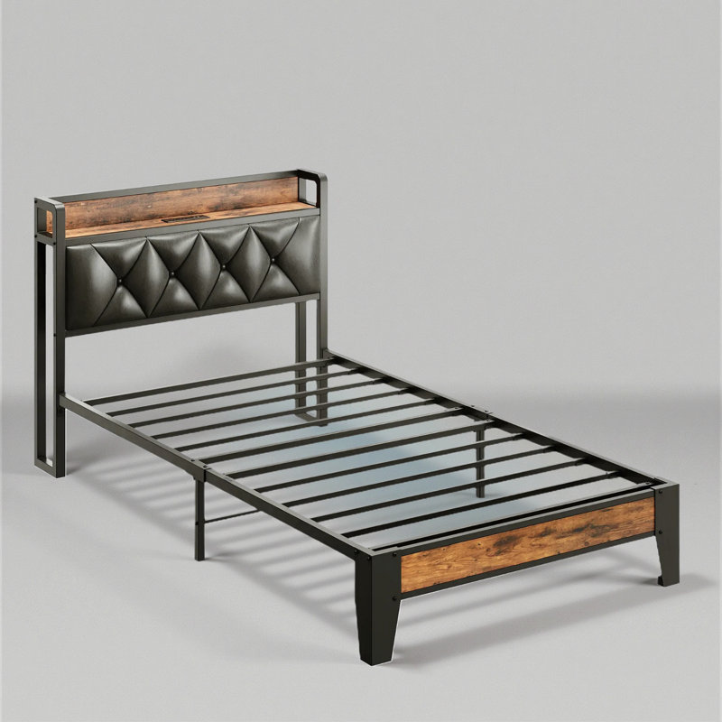 Rustic Twin Bed Frame with Storage Headboard & Built-in Outlets, No Box Spring Needed, Easy Assembly, Twin