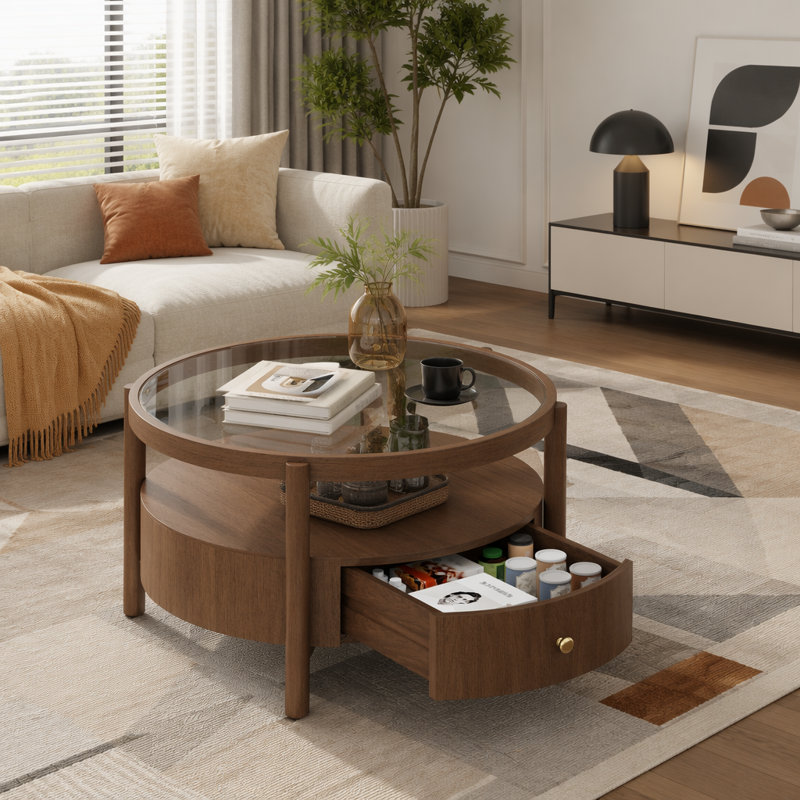 Table basse ronde en bois massif avec plateau de rangement en verre massif, table de centre circulaire moderne Mid-Century à 2 niveaux, table basse en bois de noyer