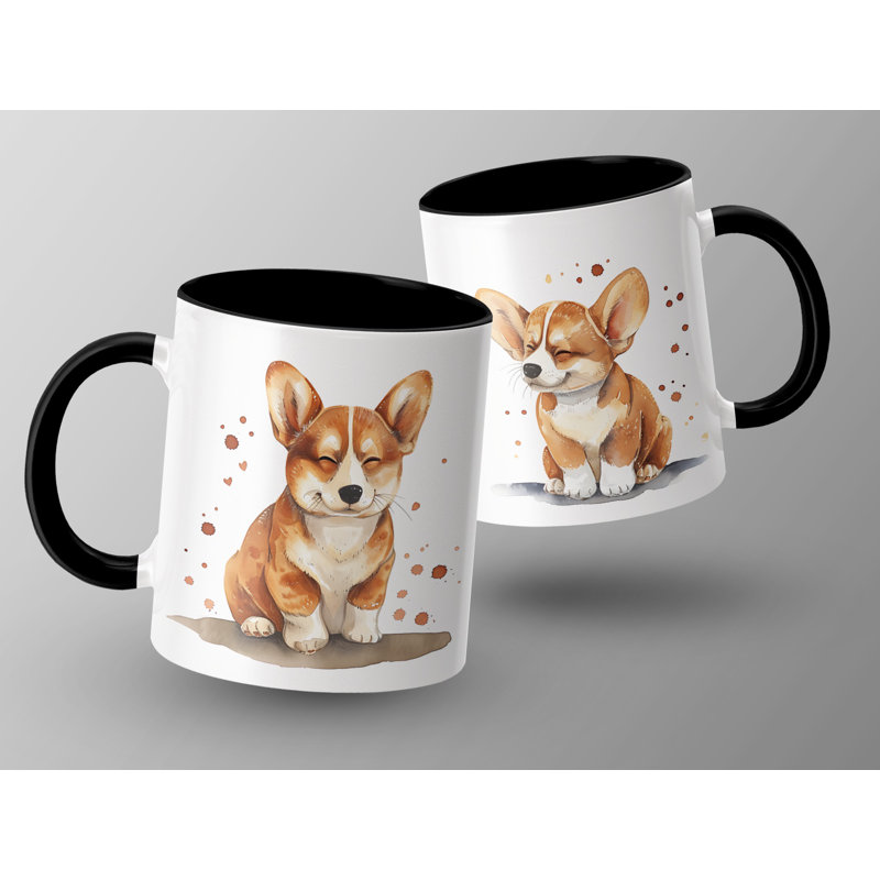 11oz Watercolour Happy Corgi Puppy Design Coffee Mug, 2, Black
