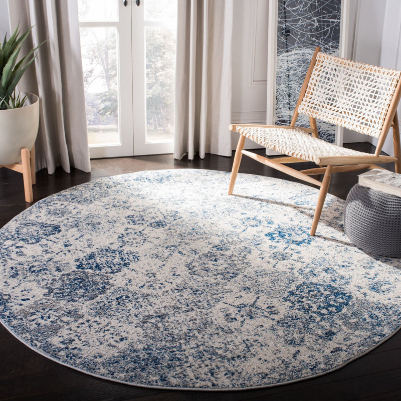 Harty Oriental White/Royal Blue Area Rug, Round 4'