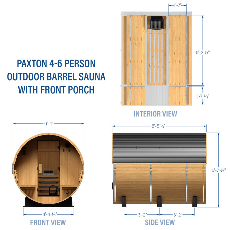 Backyard Discovery Paxton 4-6 Person Traditional Cedar Outdoor Barrel Sauna with Porch, 9kW Electric Heater, Wi-Fi Control, LED Lights