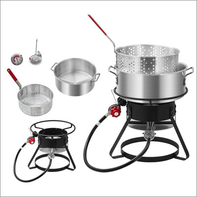 11QT Outdoor Fish Fryer Pot with 6.7QT Strainer Basket, 58,000 BTU Aluminum Propane Deep Fryer Pot for Seafood & Fries, Portable Camping/Backyard Outdoor Cooking