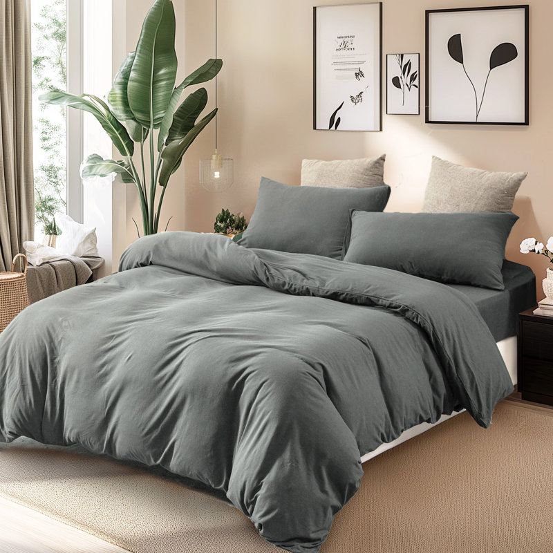 HOME BEDDING Jersey Cotton Duvet Cover Set, King Duvet Cover + 2 King Shams, Greenish Gray
