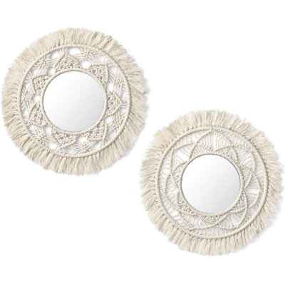 Hanging Wall Mirror With Macrame Fringe 2 Set Small Round Decoration Boho Antique Mirror For Apartment Livingroom Bedroom Baby Nursery,Beautiful Gift Ideas