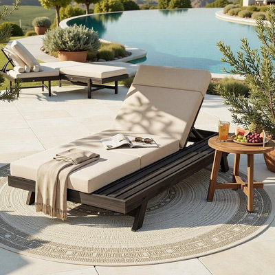 Acacia Wood Chaise Lounge Set with Headrest, 4-Position Adjustable Recliner, 3-Fold 4" Water-Resistant Cushion, Extra-Wide 37.75" Black Frame, 800 lb Weight Capacity