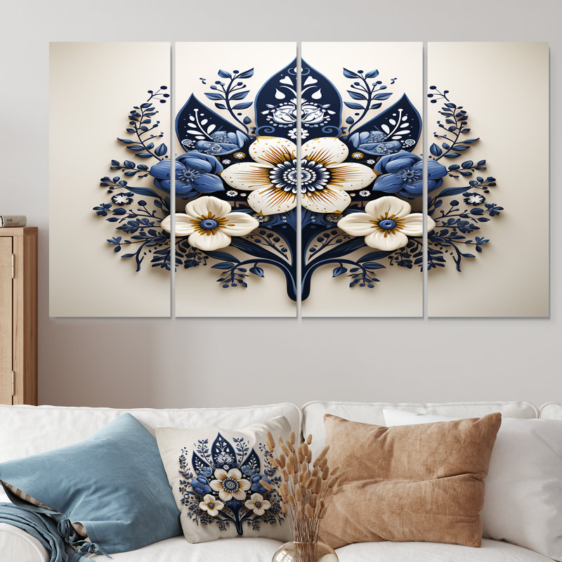 4 pièces de fleurs bleues persanes ornementales - art mural floral moderne, H 32 po x l 64 po