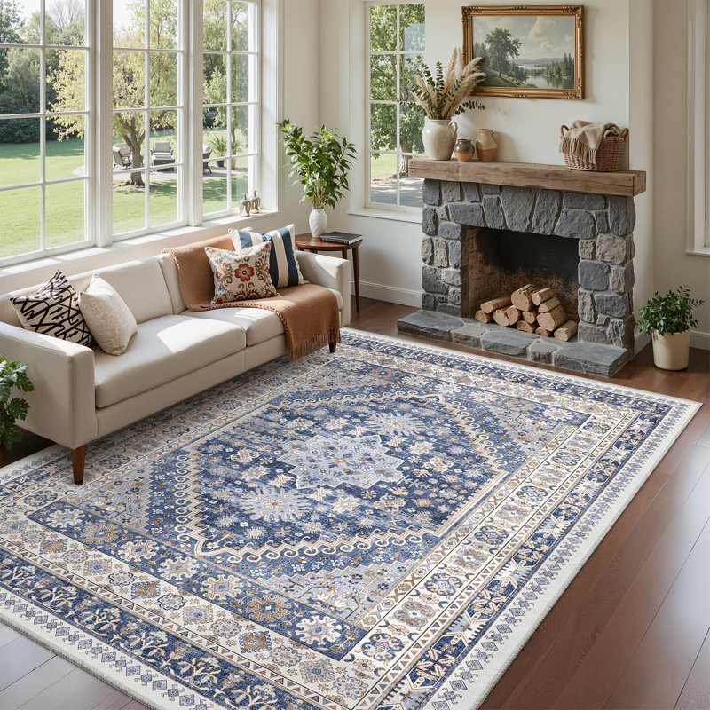 Malaika Machine-Washable Non-Slip Medallion Area Rug, Rectangle 6' x 9', Blue